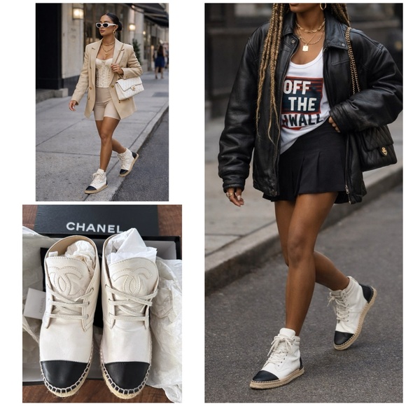 Authentic CHANEL Lambskin CC Logo High Top Black & White Espadrilles Sneakers 36